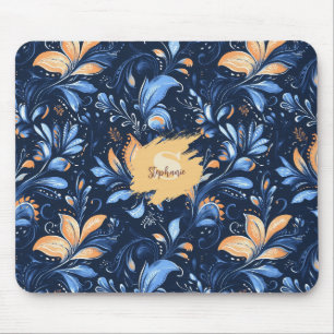 Blue and Gold Abstract Paisley Leaves (3) Mouse Mat