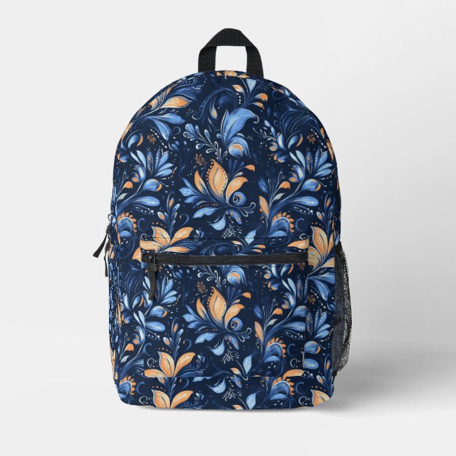 Blue and Gold Abstract Paisley Leaves (3) Printed Backpack (Front)