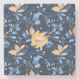 Blue and Gold Abstract Paisley Leaves (3) Stone Coaster