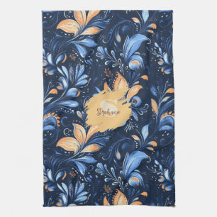Blue and Gold Abstract Paisley Leaves (3) Tea Towel