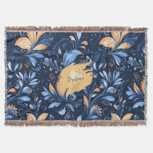 Blue and Gold Abstract Paisley Leaves (3) Throw Blanket