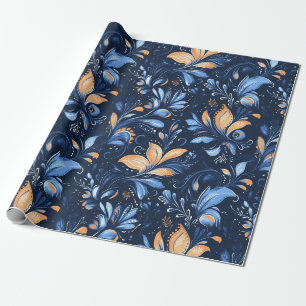 Blue and Gold Abstract Paisley Leaves (3) Wrapping Paper