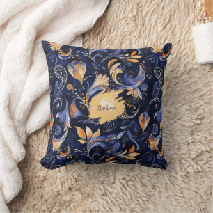 Blue and Gold Abstract Paisley Leaves Cushion