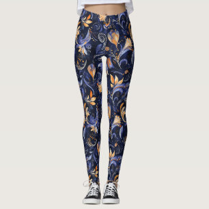 Blue and Gold Abstract Paisley Leaves Leggings