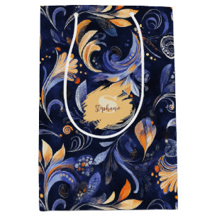 Blue and Gold Abstract Paisley Leaves Medium Gift Bag