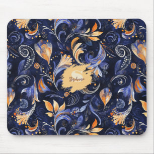 Blue and Gold Abstract Paisley Leaves Mouse Mat