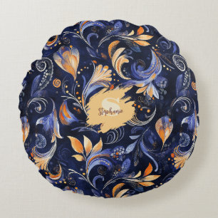 Blue and Gold Abstract Paisley Leaves Round Cushion