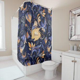Blue and Gold Abstract Paisley Leaves Shower Curtain
