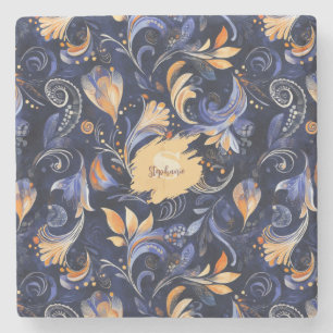 Blue and Gold Abstract Paisley Leaves Stone Coaster