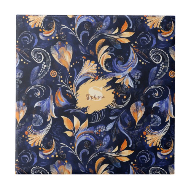 Blue and Gold Abstract Paisley Leaves Tile (Front)