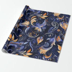 Blue and Gold Abstract Paisley Leaves Wrapping Paper