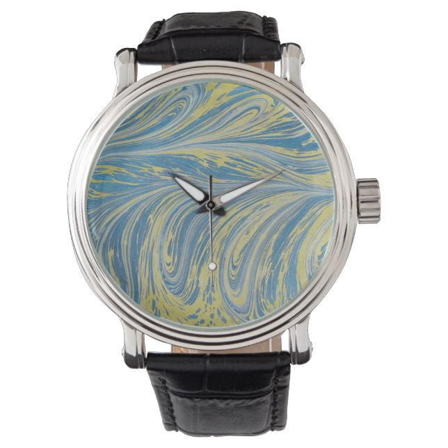 Blue And Gold Abstract Wave Watch (Front)