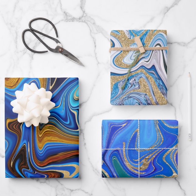Blue And Gold Abstract Wrapping Paper Sheet (Front)