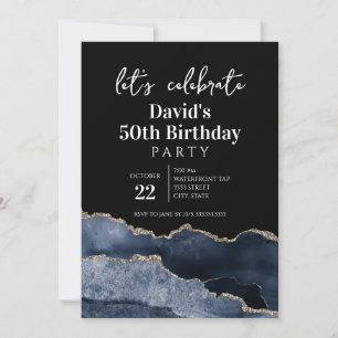 Blue and Gold Agate 50th Birthday Party Invitation