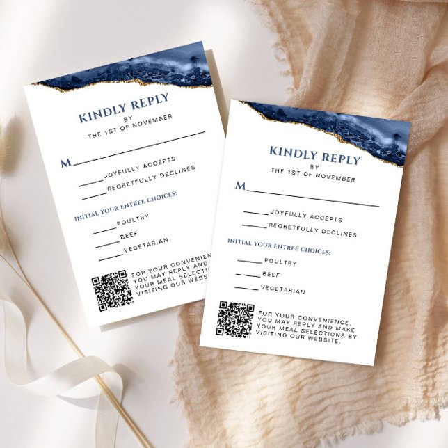 Blue and Gold Agate Bar Mitzvah QR Code, Vertical RSVP Card (Creator Uploaded)