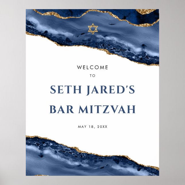 Blue and Gold Agate Border Bar Mitzvah Welcome Pos Poster (Front)