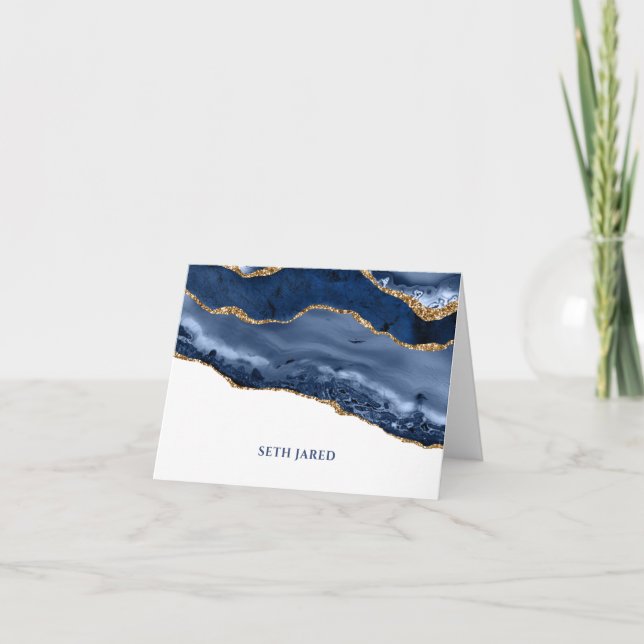 Blue and Gold Agate Border Personalised Folded Not Note Card (Front)