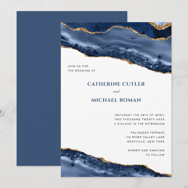 Blue and Gold Agate Border Wedding Invitation (Front/Back)
