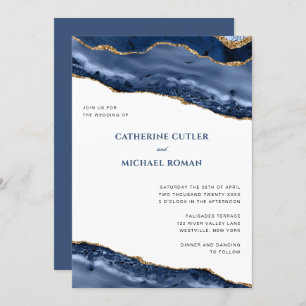 Blue and Gold Agate Border Wedding Invitation