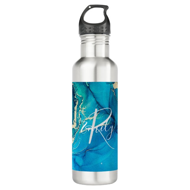 Blue and Gold Agate Marble Abstract Name Monogram 710 Ml Water Bottle (Front)
