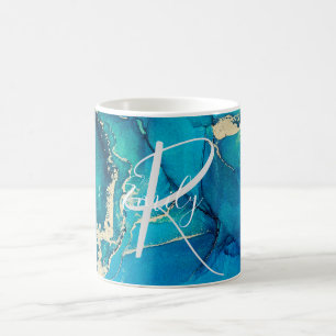 Blue and Gold Agate Marble Abstract Name Monogram Coffee Mug