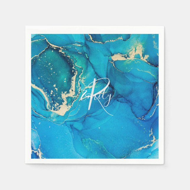 Blue and Gold Agate Marble Abstract Name Monogram Napkin (Front)