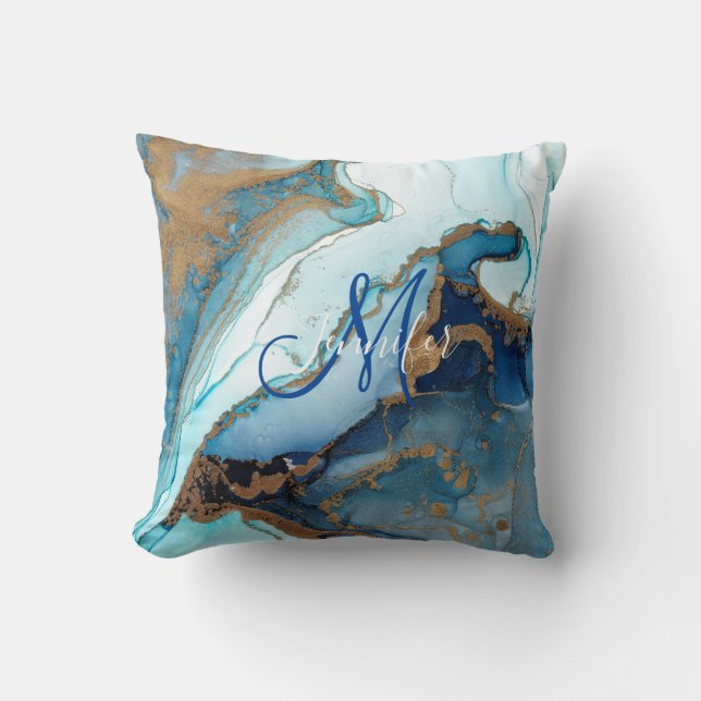 Blue and Gold Agate Marble Geode Kintsugi Monogram Cushion (Front)