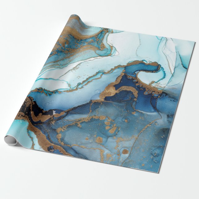Blue and gold agate marble wrapping paper (Unrolled)