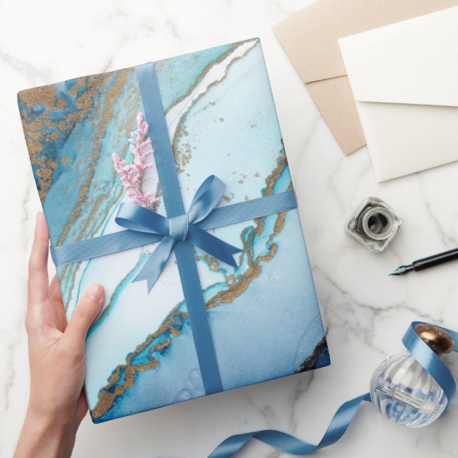 Blue and gold agate marble wrapping paper (Gifting)