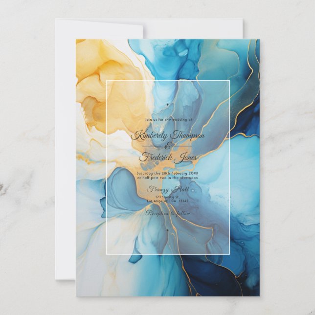 Blue and Gold Alcohol Ink Wedding Invitation (Front)