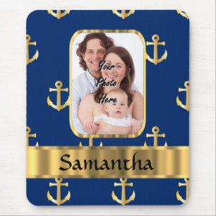 Blue and gold anchor patterned mouse mat