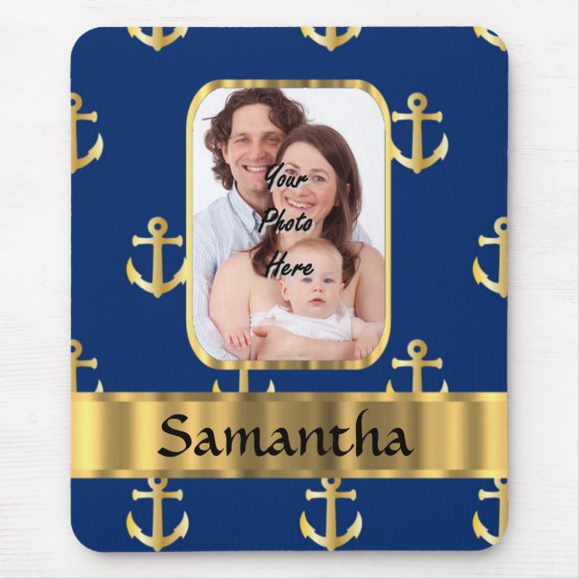 Blue and gold anchor patterned mouse mat (Front)