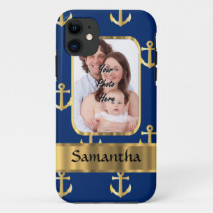 Blue and gold anchor patterned photo template iPhone 11 case