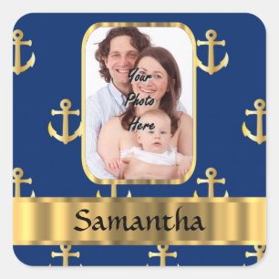 Blue and gold anchor patterned square sticker