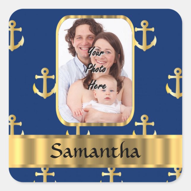 Blue and gold anchor patterned square sticker (Front)