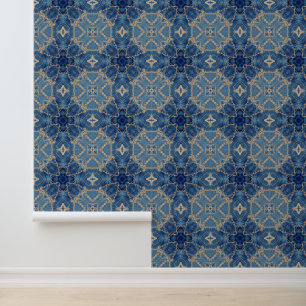Blue and Gold Arabesque Wallpaper
