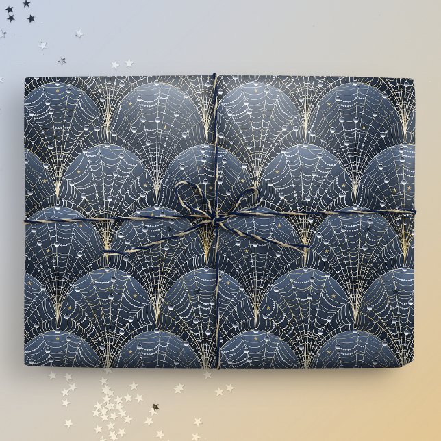 Blue and Gold Art Deco Cobweb Luxury Wrapping Paper (Gift mockup)