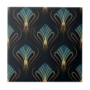 Blue and Gold Art Deco Floral Pattern Tile