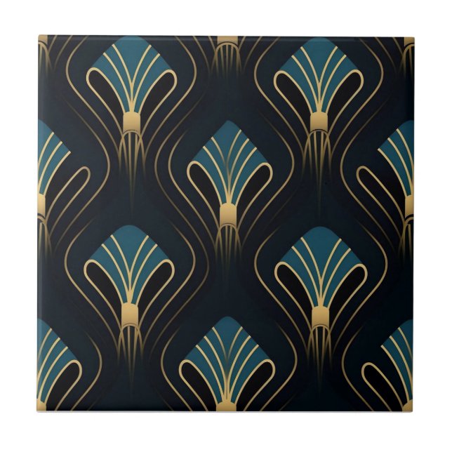 Blue and Gold Art Deco Floral Pattern Tile (Front)