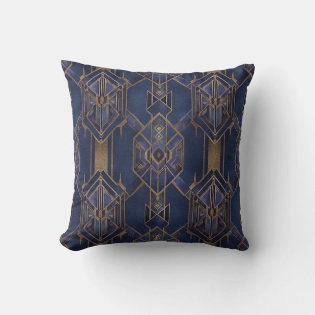 Blue and Gold Art Deco Pattern 2 Throw Pillow (Front)