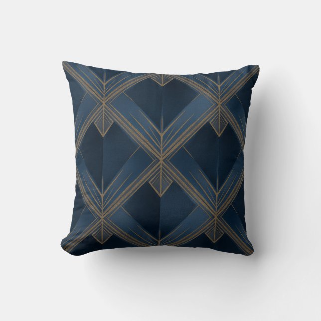 Blue and Gold Art Deco Pattern 3 Throw Pillow (Front)