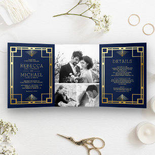 Blue and Gold Art Deco Photo Collage Wedding Tri-Fold Invitation