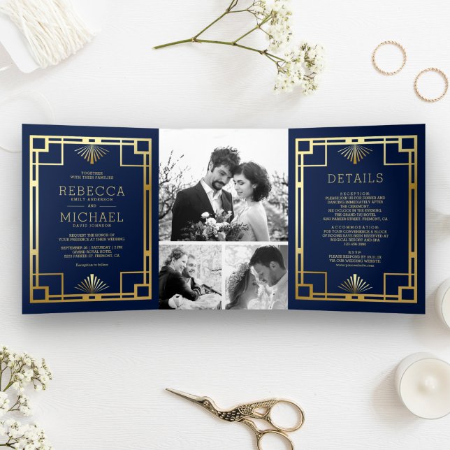 Blue and Gold Art Deco Photo Collage Wedding Tri-Fold Invitation (Creator Uploaded)