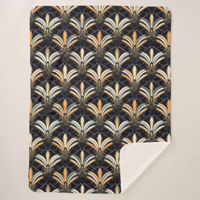 Blue and Gold Art Deco Sherpa Blanket (Front)