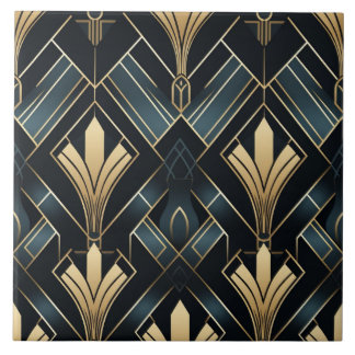 Blue and Gold Art Deco, Shiny and Dark Tile