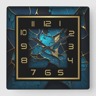 Blue and gold Art Deco Square Wall Clock