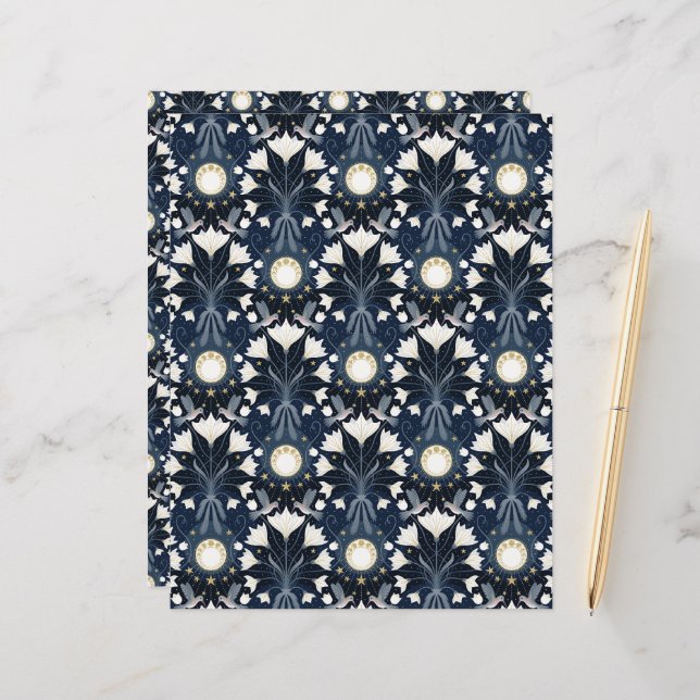 Blue and Gold Art Nouveau Moon Scrapbook Paper (Front/Back In Situ)