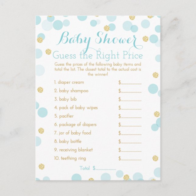 Blue and Gold Baby Shower Right Price Game Invitation Postcard (Front)