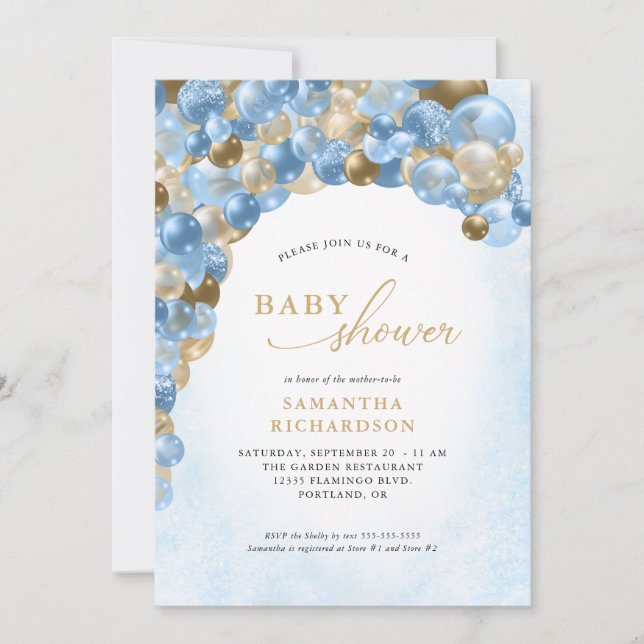 Blue and Gold Balloon Arch Boy Baby Shower Invitation (Front)