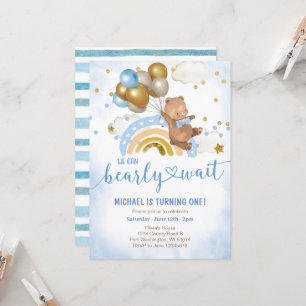 Blue and Gold Balloon Teddy Bear Birthday Party  Invitation